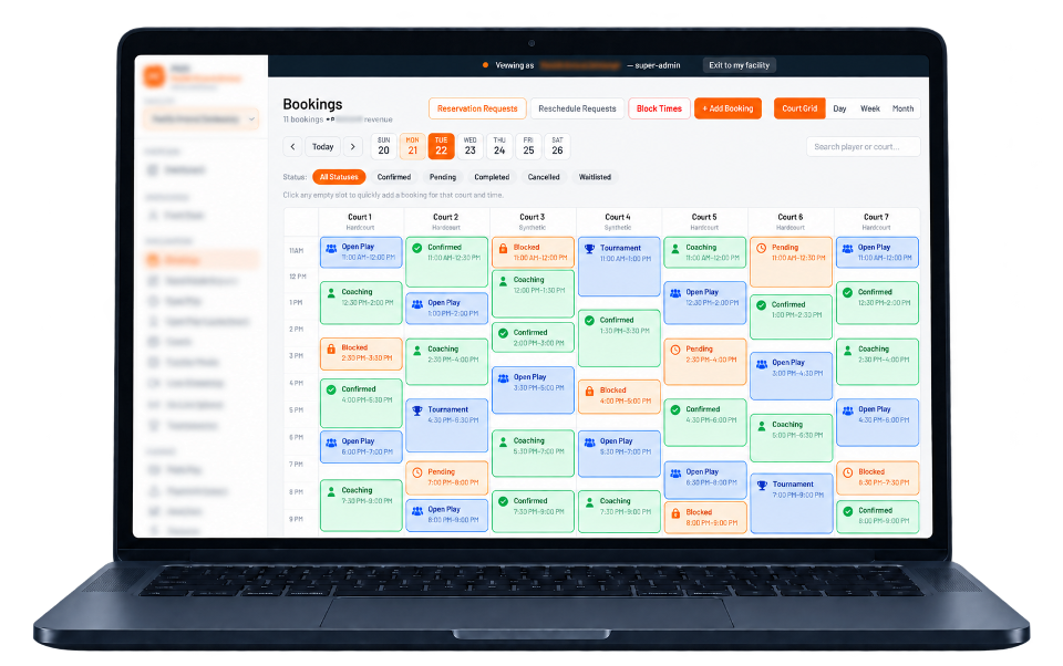 PADL admin: the court booking grid for one day, with reservations, blocked times and confirmed bookings across seven courts